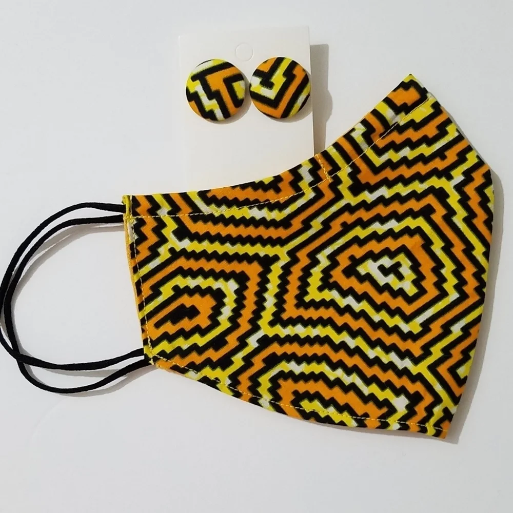 Hand Crafted Face Mask & Earrings Ankara African Print Cotton Yellow Black Adult